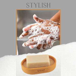 Close-up of hands being lathered with soap, emphasizing the stylish yellow soap dish with bamboo insert used for convenience and elegance.