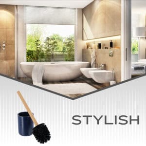 Banner image showing navy blue toilet brush with bamboo handle and holder in modern bathroom setting