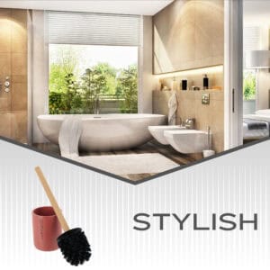 Banner image showing terracotta toilet brush with bamboo handle and holder in modern bathroom setting