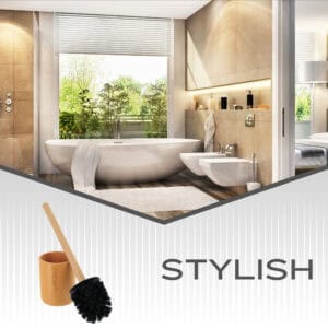 Banner image showing mustard yellow toilet brush with bamboo handle and holder in modern bathroom setting
