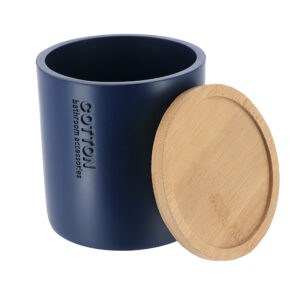 Open navy blue cotton jar with bamboo lid displayed separately, highlighting its spacious interior and clean design.