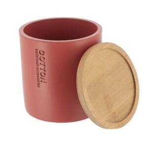 Open red cotton jar with bamboo lid displayed separately, highlighting its spacious interior and clean design.