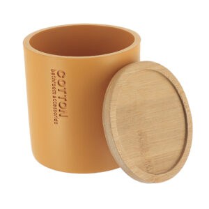 Open mustard yellow cotton jar with bamboo lid displayed separately, highlighting its spacious interior and clean design.