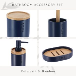 Collage highlighting the materials and design features of the navy blue bathroom accessory set with polyresin and bamboo elements.