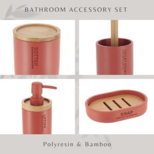 Collage highlighting the materials and design features of the terracotta bathroom accessory set with polyresin and bamboo elements.
