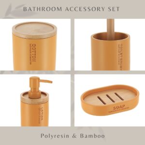 Collage highlighting the materials and design features of the mustard yellow bathroom accessory set with polyresin and bamboo elements.