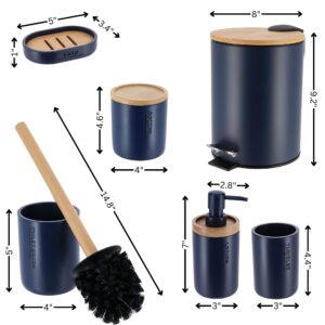 Dimension details for the bathroom accessory set, including a trash can, toilet brush, cotton jar, tumbler, soap dish, and lotion dispenser.