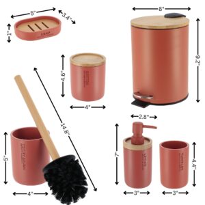 Dimension details for the bathroom accessory set, including a trash can, toilet brush, cotton jar, tumbler, soap dish, and lotion dispenser.