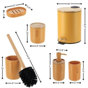 Dimension details for the bathroom accessory set, including a trash can, toilet brush, cotton jar, tumbler, soap dish, and lotion dispenser.