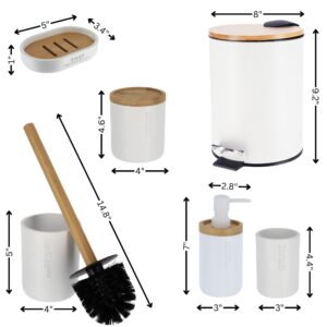 White bathroom accessory set showing individual measurements for items like the soap dish, cotton jar, and toilet brush.