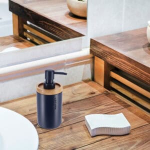 Navy dispenser blending into a rustic wooden bathroom decor