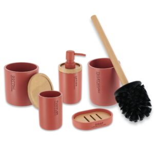 Complete bathroom accessory set in red featuring bamboo accents