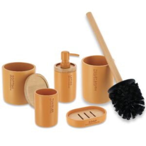 Complete bathroom accessory set in mustard yellow featuring bamboo accents