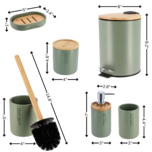 Individual measurements of the green bathroom accessory set components with bamboo accents including a trash bin, soap dish, tumbler, and more.