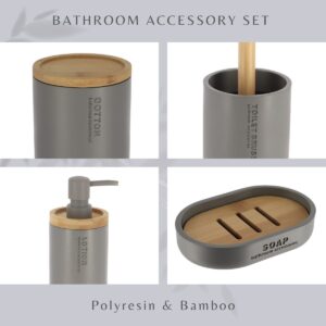 Close-up highlighting gray polyresin and bamboo elements.