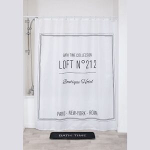 White Shower Curtain Rod with Boutique Hotel Design Curtain: A white shower rod holding a decorative curtain featuring a boutique hotel design, adding elegance to the bathroom setting.