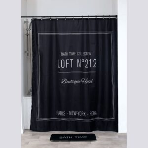 Black Shower Curtain Rod with Boutique Hotel Design Curtain: A black shower rod holding a decorative curtain featuring a boutique hotel design, adding elegance to the bathroom setting.