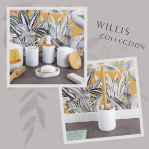 A curated collection of white bathroom accessories, including a trash can, soap dish, and storage containers with bamboo accents, styled against a botanical wallpaper.