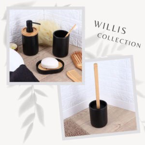 A curated collection of black bathroom accessories, including a trash can, soap dish, and storage containers with bamboo accents.