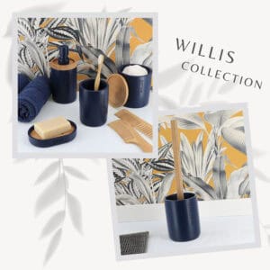 A curated collection of blue bathroom accessories, including a trash can, soap dish, and storage containers with bamboo accents, styled against a botanical wallpaper.