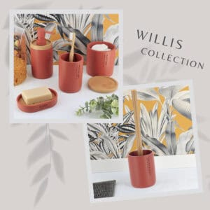 A curated collection of red bathroom accessories, including a trash can, soap dish, and storage containers with bamboo accents, styled against a botanical wallpaper.