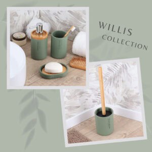 A curated collection of green bathroom accessories, including a trash can, soap dish, and storage containers with bamboo accents.