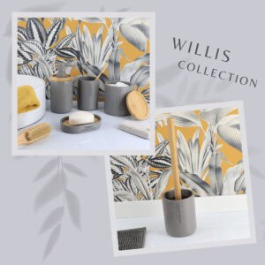 A curated collection of gray bathroom accessories, including a trash can, soap dish, and storage containers with bamboo accents.