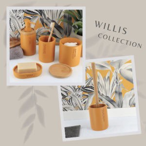 A curated collection of yellow bathroom accessories, including a trash can, soap dish, and storage containers with bamboo accents, styled against a botanical wallpaper.