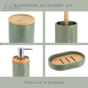 Close-up of polyresin and bamboo design details for the green bathroom accessory set components.