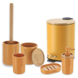 A complete view of the mustard yellow bathroom accessory set with polyresin and bamboo details, neatly displayed on a countertop.