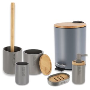 Six-piece gray polyresin and bamboo bathroom set on a white background.