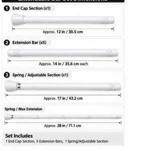 Extendable white shower curtain rod parts with dimensions: 12 inch end cap section, five 14 inch extension bars, 17 inch spring section extending to 28 inches