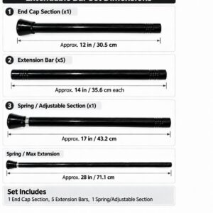 Extendable black shower curtain rod parts with dimensions: 12 inch end cap section, five 14 inch extension bars, 17 inch spring section extending to 28 inches