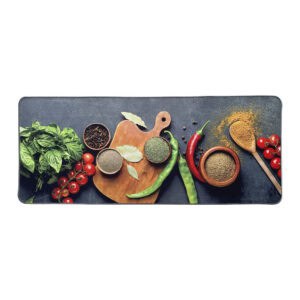 A single Fresh Ingredients kitchen runner on a plain white background, printed with basil, cherry tomatoes, chili peppers, and spice bowls along a slate surface.
