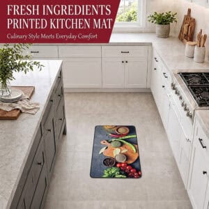 The kitchen mat on a tiled floor in a bright kitchen with white cabinets and a gas range, its culinary spice photo adding warmth underfoot.