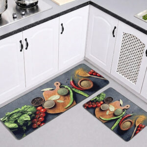 Both kitchen mats laid on a gray floor in a white kitchen with arched cabinet doors, the runner and smaller mat showing the culinary spice photo.