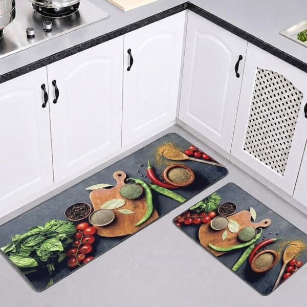 Both kitchen mats laid on a gray floor in a white kitchen with arched cabinet doors, the runner and smaller mat showing the culinary spice photo.