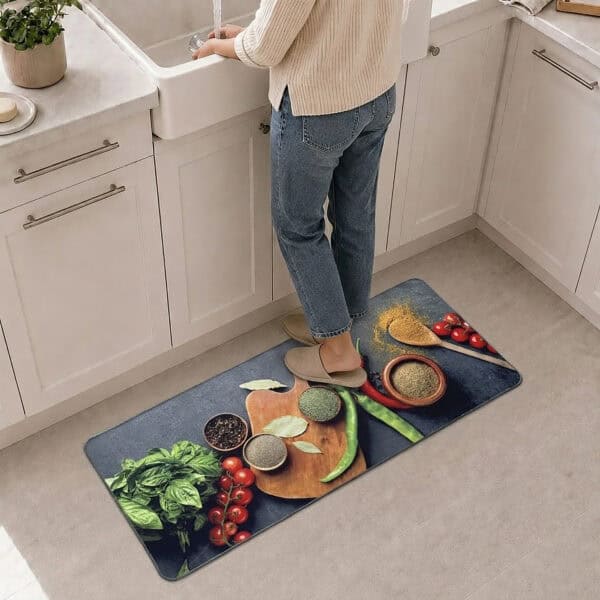 A person in slippers stands on the long kitchen runner before a white farmhouse sink, the runner stretching along the cabinets with a culinary spice photo.