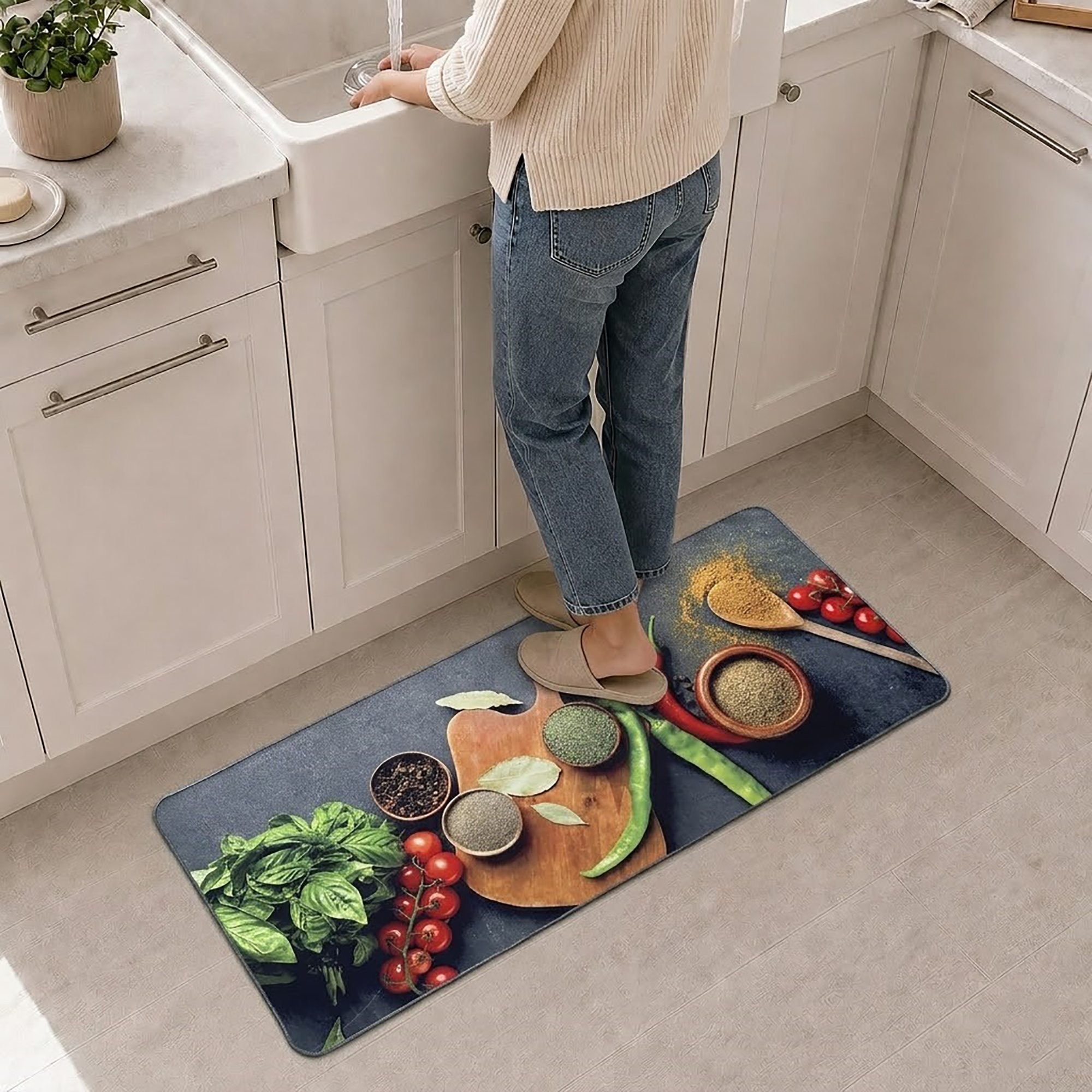 A person in slippers stands on the long kitchen runner before a white farmhouse sink, the runner stretching along the cabinets with a culinary spice photo.