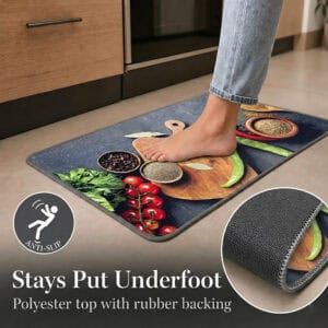 A bare foot resting on the kitchen mat near wood cabinets, with a close-up inset showing the textured rubber backing that keeps it from slipping.