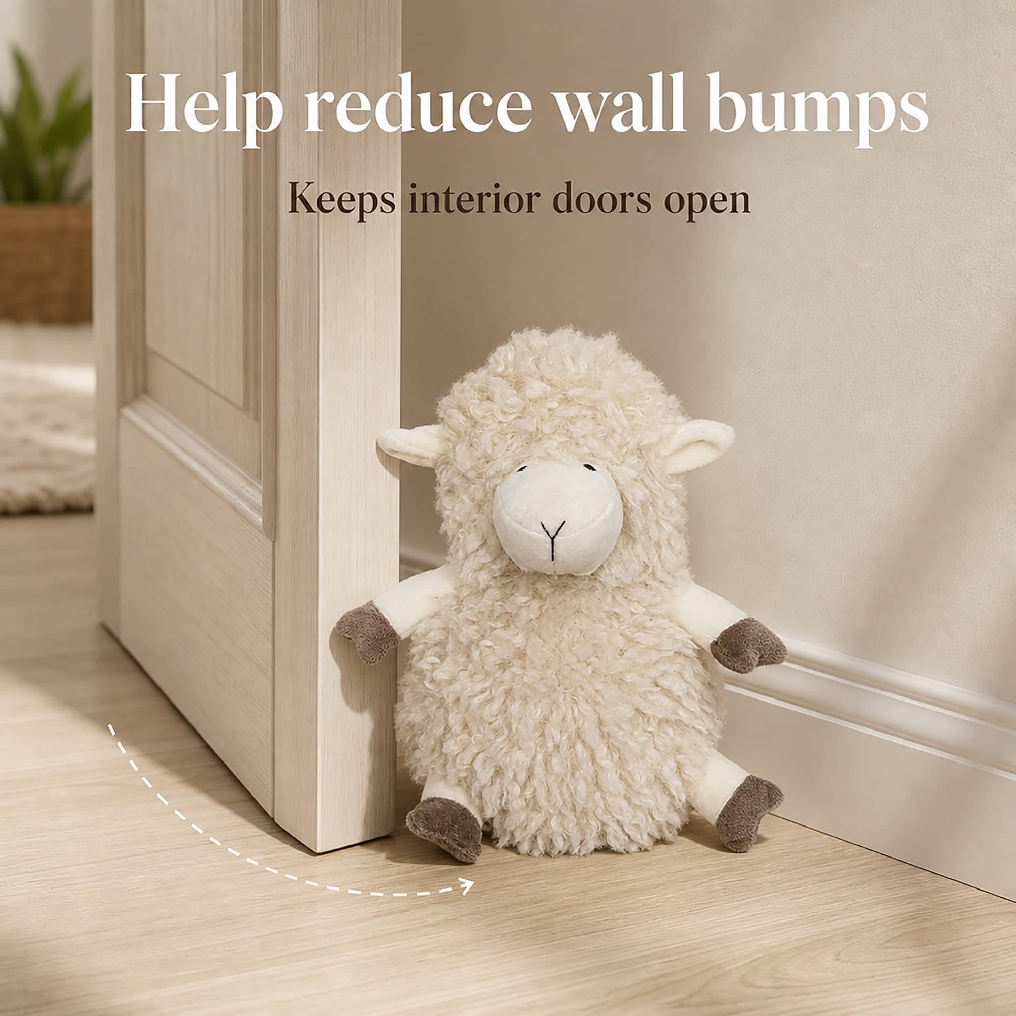 Cream sheep door stopper holding open a light wood door on hardwood floor, with a dashed arrow. On-image text: "Help reduce wall bumps," "Keeps interior doors open."