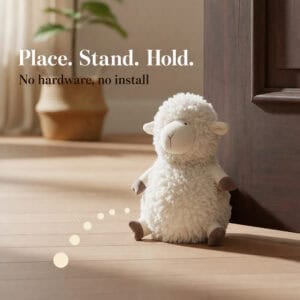 Cream sheep door stopper propping open a dark wood door on hardwood floor. On-image text: "Place. Stand. Hold.," "No hardware, no install."