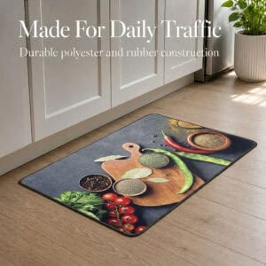 The kitchen mat lying on a light wood floor beside white cabinets and a potted plant, built from durable polyester and rubber for daily traffic.
