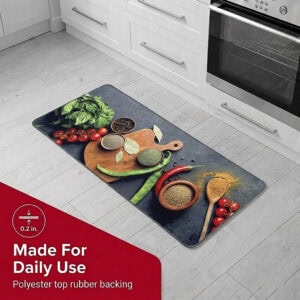 The kitchen runner on a light floor beside white cabinets and an oven, noted at zero point two inches thick with polyester top and rubber backing.