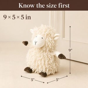 Cream sheep door stopper on a cream background with measurement callouts. On-image text: "Know the size first," "9 × 5 × 5 in," "9"," "5"," "5"."