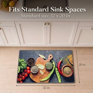 The standard kitchen mat shown on the floor below a sink with dimension arrows, measuring thirty-two inches wide by twenty inches deep.