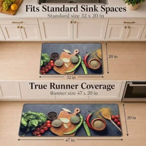 Both kitchen mats shown with dimension arrows, the standard mat measuring thirty-two by twenty inches and the runner measuring forty-seven by twenty inches.