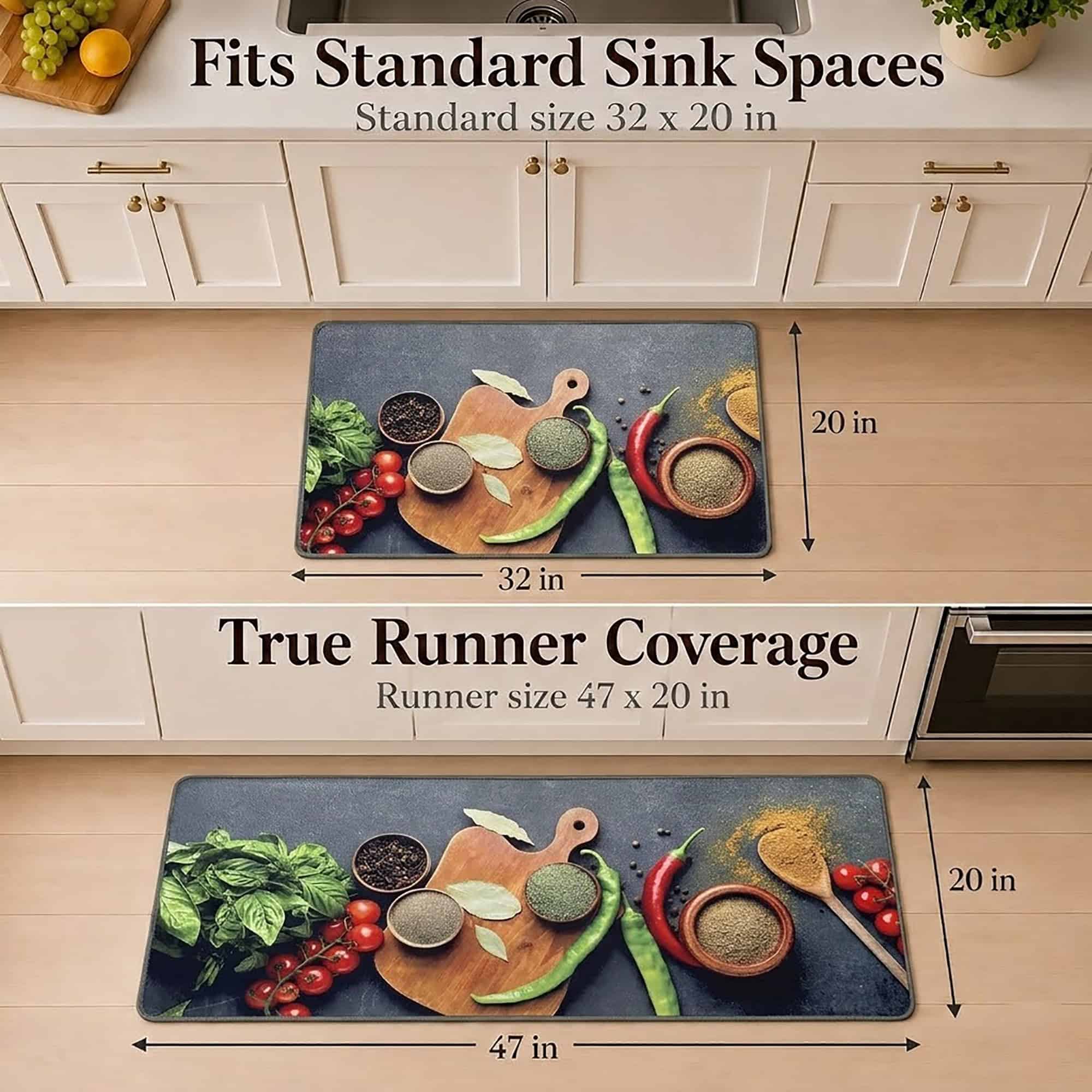 Both kitchen mats shown with dimension arrows, the standard mat measuring thirty-two by twenty inches and the runner measuring forty-seven by twenty inches.