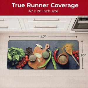 The kitchen runner shown on the floor with dimension arrows, measuring forty-seven inches long by twenty inches deep for full counter coverage.