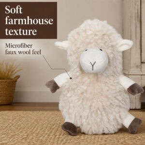 Cream sheep door stopper on a jute rug with a label pointing to the face. On-image text: "Soft farmhouse texture," "Microfiber faux wool feel."